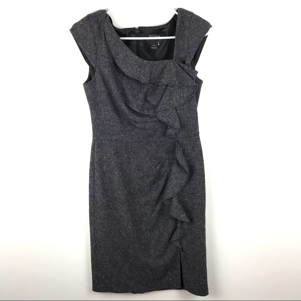 White House Black Market Black and Silver Tweed Ruffle Sheath Dress